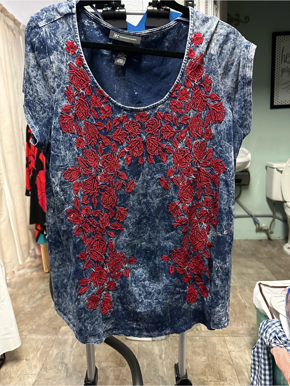 Embroidered Denim-Effect Scoop Neck Top - Blue with Red Floral